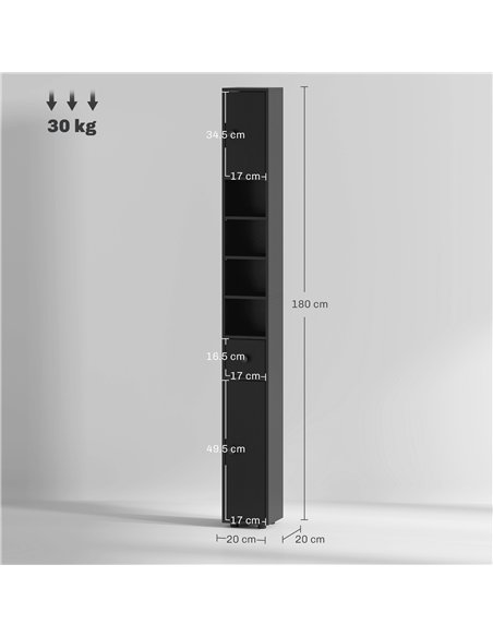 kleankin 180cm Slim Bathroom Cabinet, with Drawer, Shelves and Cupboards - Black - pic 177227 | FastDaddyshop