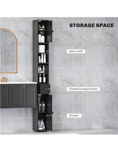 kleankin 180cm Slim Bathroom Cabinet, with Drawer, Shelves and Cupboards - Black