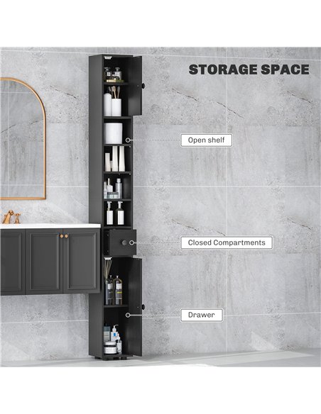 kleankin 180cm Slim Bathroom Cabinet, with Drawer, Shelves and Cupboards - Black - pic 177228 | FastDaddyshop
