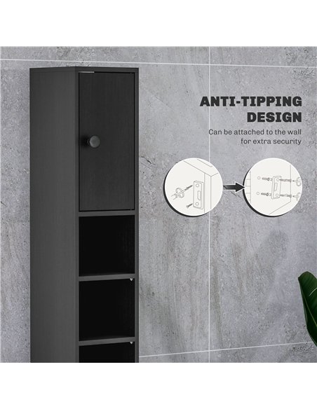 kleankin 180cm Slim Bathroom Cabinet, with Drawer, Shelves and Cupboards - Black - pic 177229 | FastDaddyshop