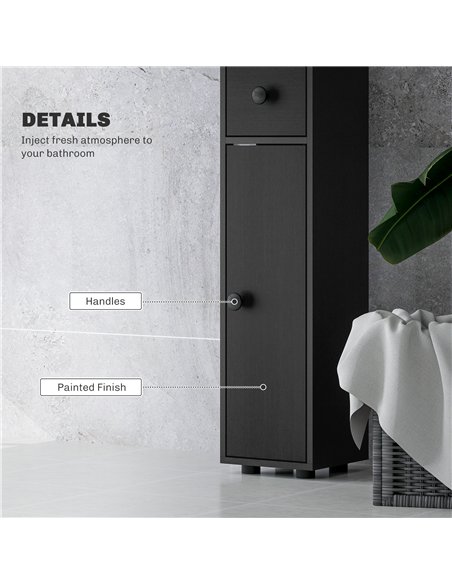 kleankin 180cm Slim Bathroom Cabinet, with Drawer, Shelves and Cupboards - Black - pic 177230 | FastDaddyshop