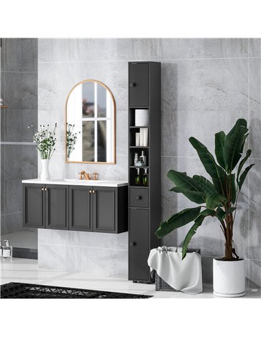 kleankin 180cm Slim Bathroom Cabinet, with Drawer, Shelves and Cupboards - Black
