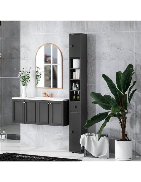 kleankin 180cm Slim Bathroom Cabinet, with Drawer, Shelves and Cupboards - Black - pic 177231 | FastDaddyshop