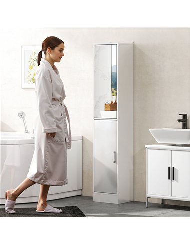 kleankin Tall Bathroom Cabinet with Mirror and Adjustable Shelf - High Gloss White