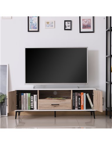Homcom 1200mm TV Stand Cabinet with 2 Doors, 1 Drawer, Oak Colour & White