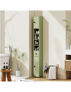 kleankin 180cm Slim Bathroom Cabinet, with Drawer, Shelves and Cupboards - Green 2