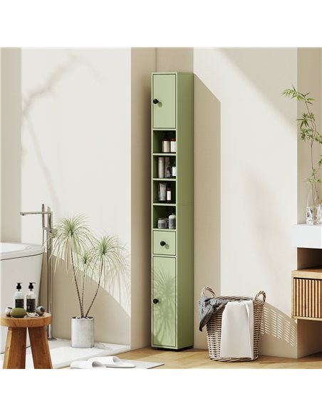 kleankin 180cm Slim Bathroom Cabinet, with Drawer, Shelves and Cupboards - Green - pic 177262 | FastDaddyshop