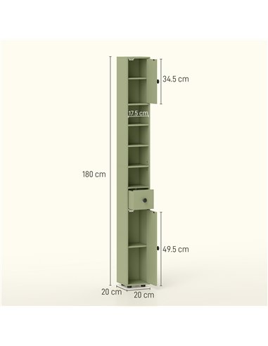 kleankin 180cm Slim Bathroom Cabinet, with Drawer, Shelves and Cupboards - Green