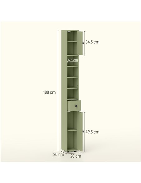 kleankin 180cm Slim Bathroom Cabinet, with Drawer, Shelves and Cupboards - Green - pic 177263 | FastDaddyshop
