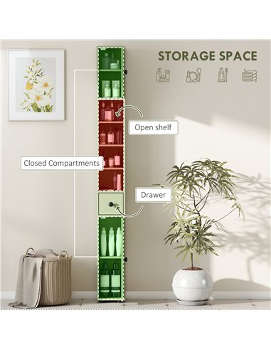 kleankin 180cm Slim Bathroom Cabinet, with Drawer, Shelves and Cupboards - Green