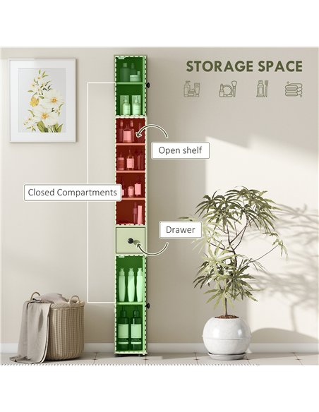 kleankin 180cm Slim Bathroom Cabinet, with Drawer, Shelves and Cupboards - Green - pic 177264 | FastDaddyshop
