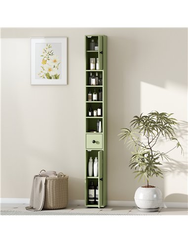 kleankin 180cm Slim Bathroom Cabinet, with Drawer, Shelves and Cupboards - Green