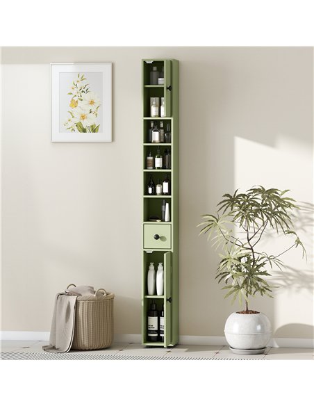 kleankin 180cm Slim Bathroom Cabinet, with Drawer, Shelves and Cupboards - Green - pic 177267 | FastDaddyshop