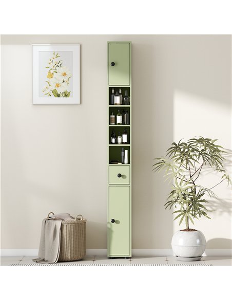 kleankin 180cm Slim Bathroom Cabinet, with Drawer, Shelves and Cupboards - Green - pic 177268 | FastDaddyshop