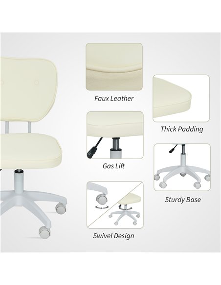 Vinsetto Vanity Office Chair, PU Leather Computer Chair for Home, with Adjustable Height, Armless, Swivel Wheels, Cream - pic 177319 | FastDaddyshop