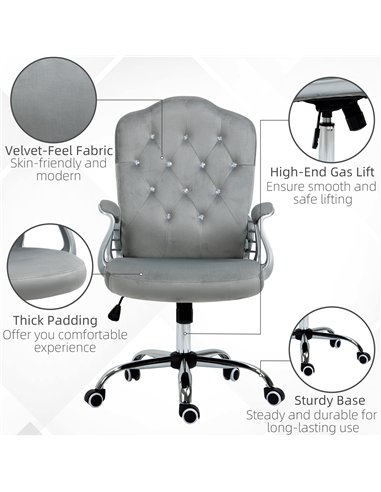 Vinsetto Velvet-Feel Work Chair, with Diamante Back - Grey