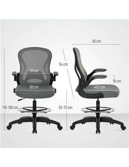 Vinsetto Drafting Chair, Ergonomic Tall Office Chair with Flip-up Armrests, Mesh Back, Lumbar Support, Adjustable Height and Foo - pic 177344 | FastDaddyshop