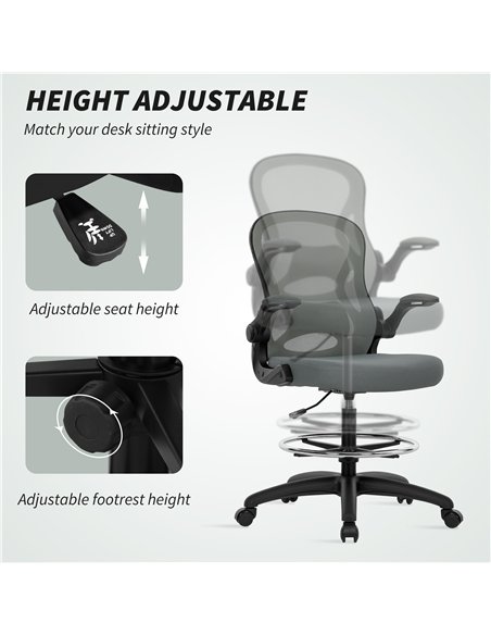 Vinsetto Drafting Chair, Ergonomic Tall Office Chair with Flip-up Armrests, Mesh Back, Lumbar Support, Adjustable Height and Foo - pic 177345 | FastDaddyshop