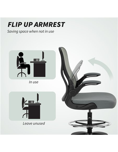 Vinsetto Drafting Chair, Ergonomic Tall Office Chair with Flip-up Armrests, Mesh Back, Lumbar Support, Adjustable Height and Foo - pic 177348 | FastDaddyshop