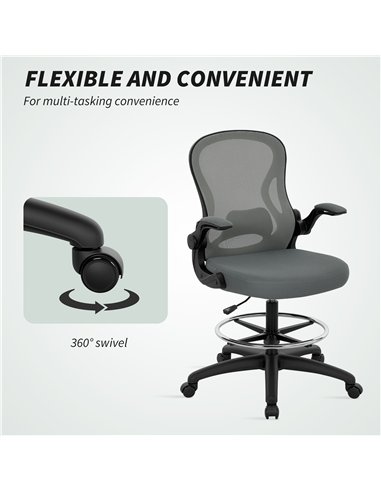 Vinsetto Drafting Chair, Ergonomic Tall Office Chair with Flip-up Armrests, Mesh Back, Lumbar Support, Adjustable Height and Foo