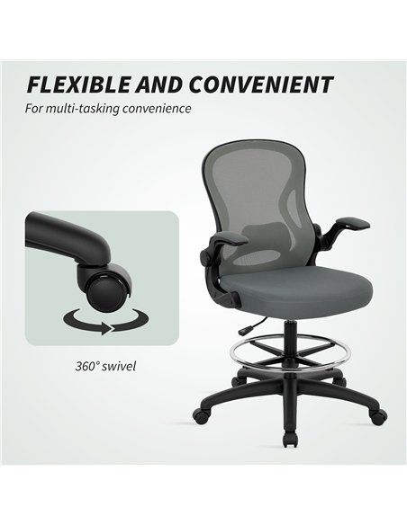 Vinsetto Drafting Chair, Ergonomic Tall Office Chair with Flip-up Armrests, Mesh Back, Lumbar Support, Adjustable Height and Foo - pic 177349 | FastDaddyshop
