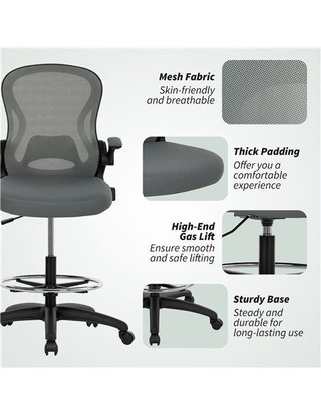 Vinsetto Drafting Chair, Ergonomic Tall Office Chair with Flip-up Armrests, Mesh Back, Lumbar Support, Adjustable Height and Foo - pic 177350 | FastDaddyshop