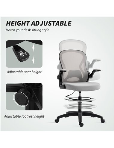 Vinsetto Adjustable Mesh Standing Desk Chair with Flip-up Armrests Lumbar Support Armrests Adjustable Footrest Ring Grey