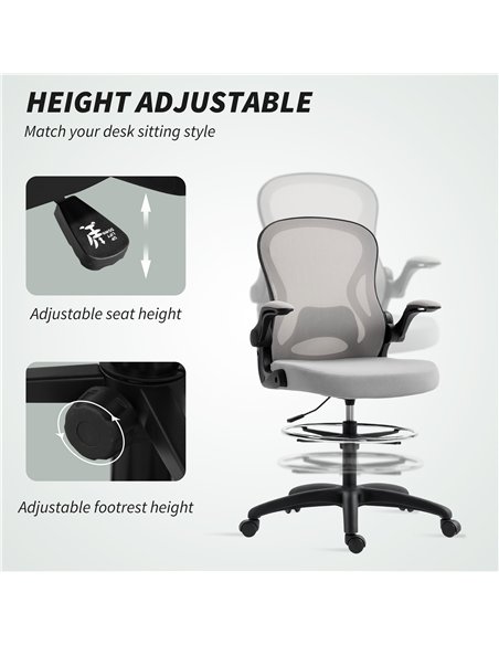 Vinsetto Adjustable Mesh Standing Desk Chair with Flip-up Armrests Lumbar Support Armrests Adjustable Footrest Ring Grey - pic 177354 | FastDaddyshop