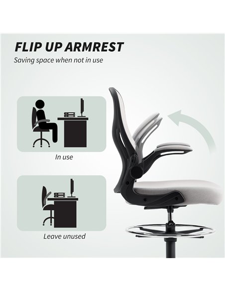 Vinsetto Adjustable Mesh Standing Desk Chair with Flip-up Armrests Lumbar Support Armrests Adjustable Footrest Ring Grey - pic 177357 | FastDaddyshop