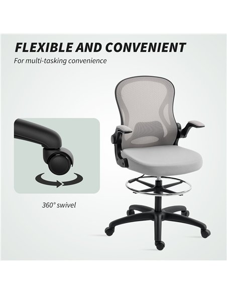 Vinsetto Adjustable Mesh Standing Desk Chair with Flip-up Armrests Lumbar Support Armrests Adjustable Footrest Ring Grey - pic 177358 | FastDaddyshop