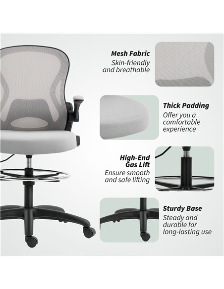 Vinsetto Adjustable Mesh Standing Desk Chair with Flip-up Armrests Lumbar Support Armrests Adjustable Footrest Ring Grey - pic 177359 | FastDaddyshop