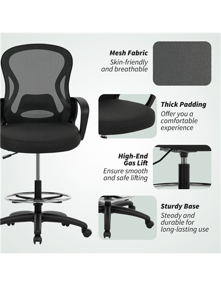 Vinsetto Drafting Chair with Adjustable Footrest, Ergonomic Mesh Office Chair with Lumbar Support, Adjustable Height for Standin - pic 177367 | FastDaddyshop