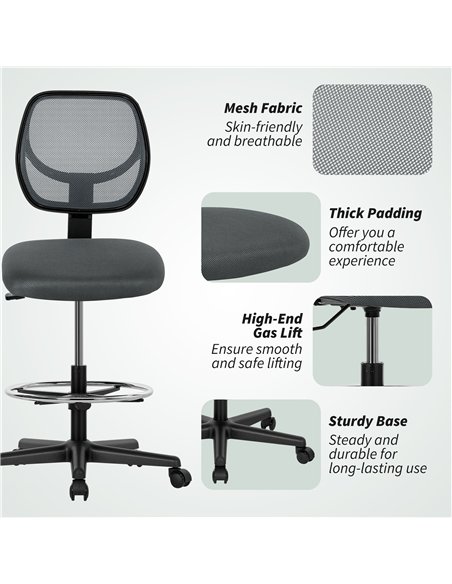 Vinsetto Ergonomic Mesh Standing Desk Chair with Adjustable Footrest Ring and Seat Height Charcoal Grey - pic 177376 | FastDaddyshop