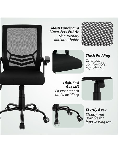 Vinsetto Mesh Office Chair, Computer Desk Chair with Flip-up Armrests, Lumbar Back Support and Swivel Wheels, Black - pic 177413 | FastDaddyshop