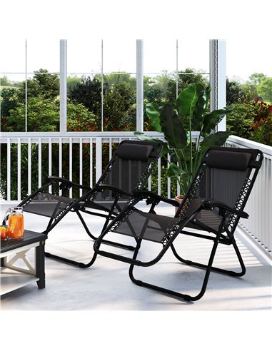 Outsunny Zero Gravity Chair Set of 2, Metal Frame Texteline Armchair Outdoor Folding and Reclining Sun Lounger with Head Pillow 