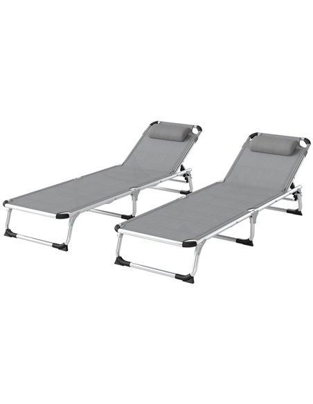 Outsunny Foldable Outdoor Sun Lounger Set of 2, Reclining Lounge Chair Camping Bed Cot with Pillow 4-Level Adjustable Back Alumi - pic 177495 | FastDaddyshop