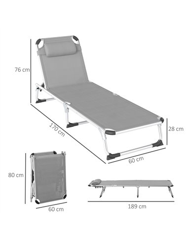Outsunny Foldable Outdoor Sun Lounger Set of 2, Reclining Lounge Chair Camping Bed Cot with Pillow 4-Level Adjustable Back Alumi