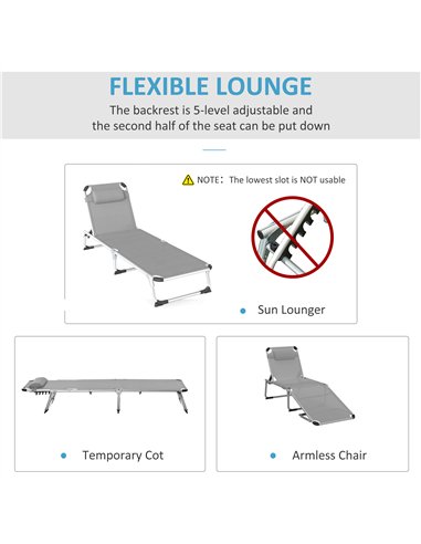 Outsunny Foldable Outdoor Sun Lounger Set of 2, Reclining Lounge Chair Camping Bed Cot with Pillow 4-Level Adjustable Back Alumi