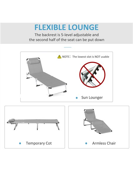 Outsunny Foldable Outdoor Sun Lounger Set of 2, Reclining Lounge Chair Camping Bed Cot with Pillow 4-Level Adjustable Back Alumi - pic 177498 | FastDaddyshop