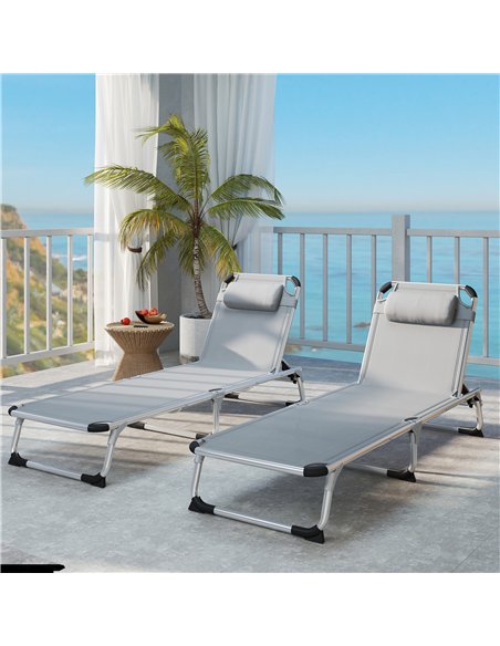 Outsunny Foldable Outdoor Sun Lounger Set of 2, Reclining Lounge Chair Camping Bed Cot with Pillow 4-Level Adjustable Back Alumi - pic 177501 | FastDaddyshop