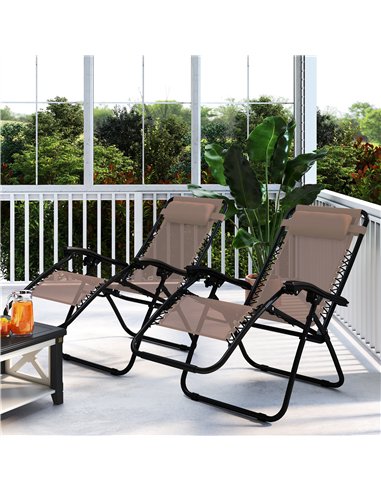Outsunny Zero Gravity Chair Set of 2, Metal Frame Texteline Armchair Outdoor Folding and Reclining Sun Lounger with Head Pillow 