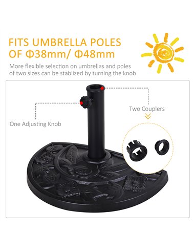 Outsunny 9kg Resin Parasol Base, Half Round Umbrella Stand with Floral Design for Garden, Outdoor, Suitable Umbrella Rod: Φ3.8cm