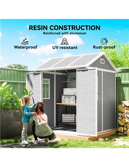 Outsunny 6 x 6ft Garden Shed with Floor, Window, Lockable Doors and Vents, Wood Effect Resin Tool Shed for Outdoor Patio, Grey - pic 177616 | FastDaddyshop