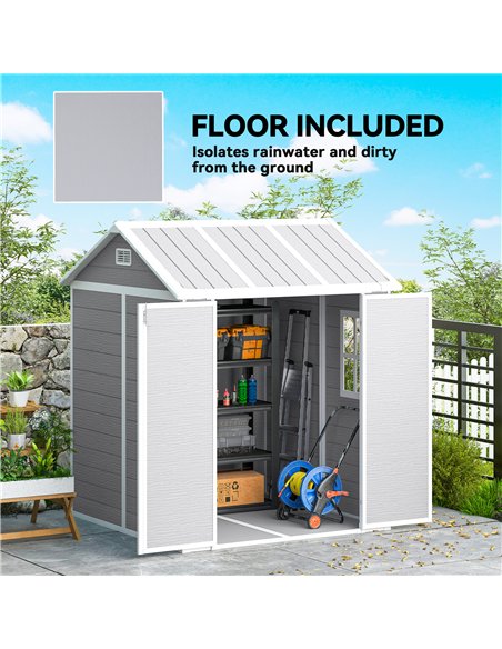 Outsunny 6 x 6ft Garden Shed with Floor, Window, Lockable Doors and Vents, Wood Effect Resin Tool Shed for Outdoor Patio, Grey - pic 177617 | FastDaddyshop