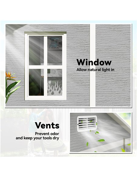 Outsunny 6 x 6ft Garden Shed with Floor, Window, Lockable Doors and Vents, Wood Effect Resin Tool Shed for Outdoor Patio, Grey - pic 177618 | FastDaddyshop