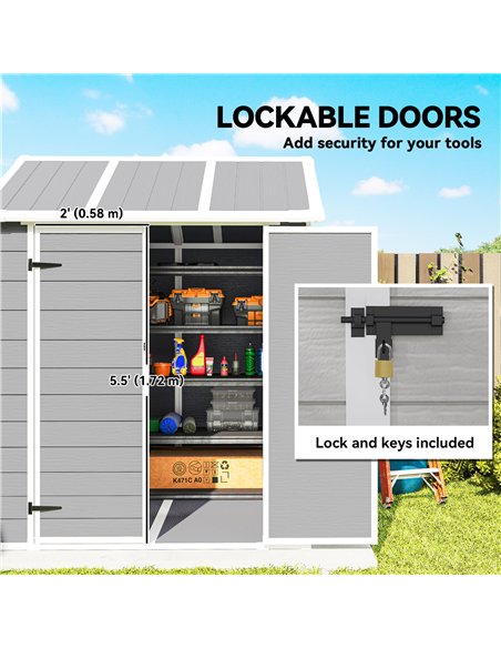 Outsunny 6 x 6ft Garden Shed with Floor, Window, Lockable Doors and Vents, Wood Effect Resin Tool Shed for Outdoor Patio, Grey - pic 177619 | FastDaddyshop