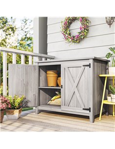 Outsunny Wooden Garden Shed, Outdoor Fir Wood Storage Shed with Shelf and Double Doors, Light Grey 2