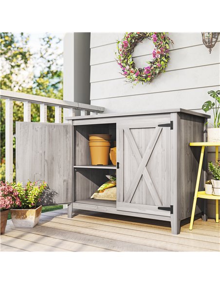 Outsunny Wooden Garden Shed, Outdoor Fir Wood Storage Shed with Shelf and Double Doors, Light Grey - pic 177622 | FastDaddyshop