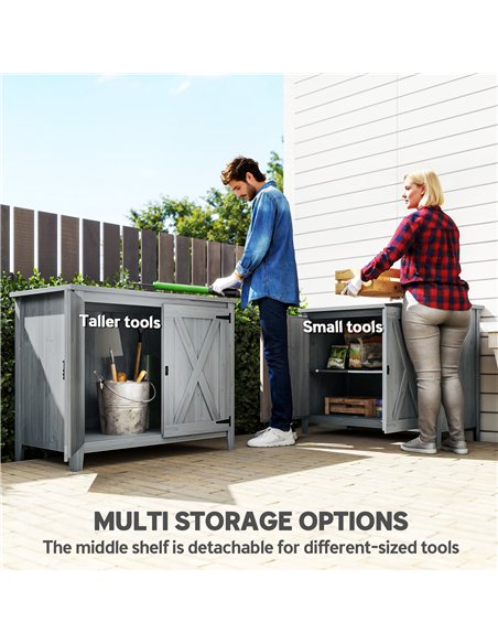 Outsunny Wooden Garden Shed, Outdoor Fir Wood Storage Shed with Shelf and Double Doors, Light Grey - pic 177624 | FastDaddyshop