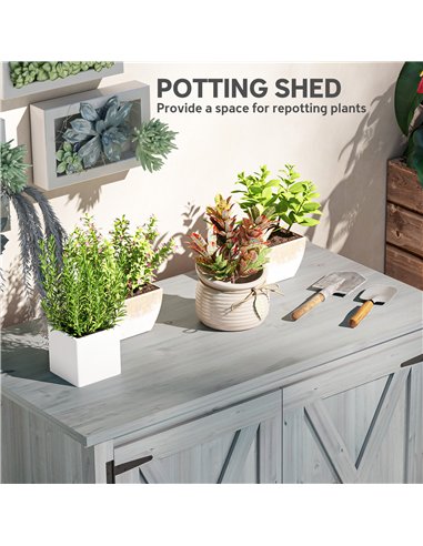 Outsunny Wooden Garden Shed, Outdoor Fir Wood Storage Shed with Shelf and Double Doors, Light Grey